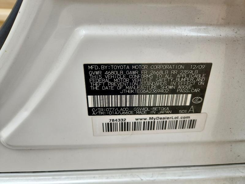 65201756 :رقم المزاد ، JTHBK1EG6A2369402 vin ، 2010 Lexus Es مزاد بيع