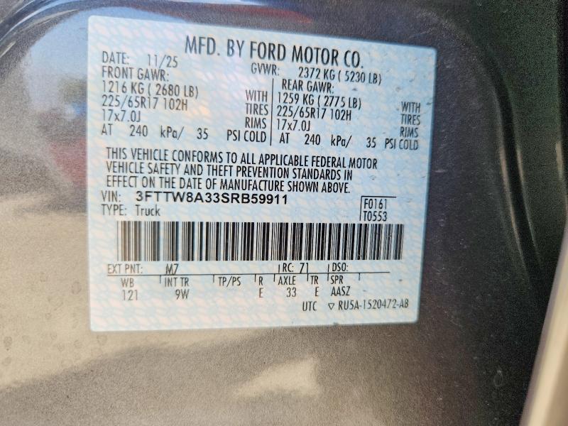 Auction sale of the 2025 Ford Maverick, vin: 3FTTW8A33SRB59911, lot number: 64487176