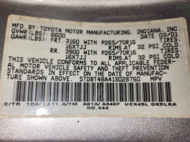 Aukcja sprzedaży 2001 Toyota Sequoia, vin: 5TDBT48A41S028760, numer aukcji: 66083896