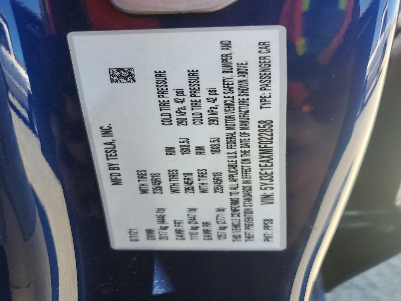 64679746 :رقم المزاد ، 5YJ3E1EAXMF022858 vin ، 2021 Tesla Model 3 مزاد بيع