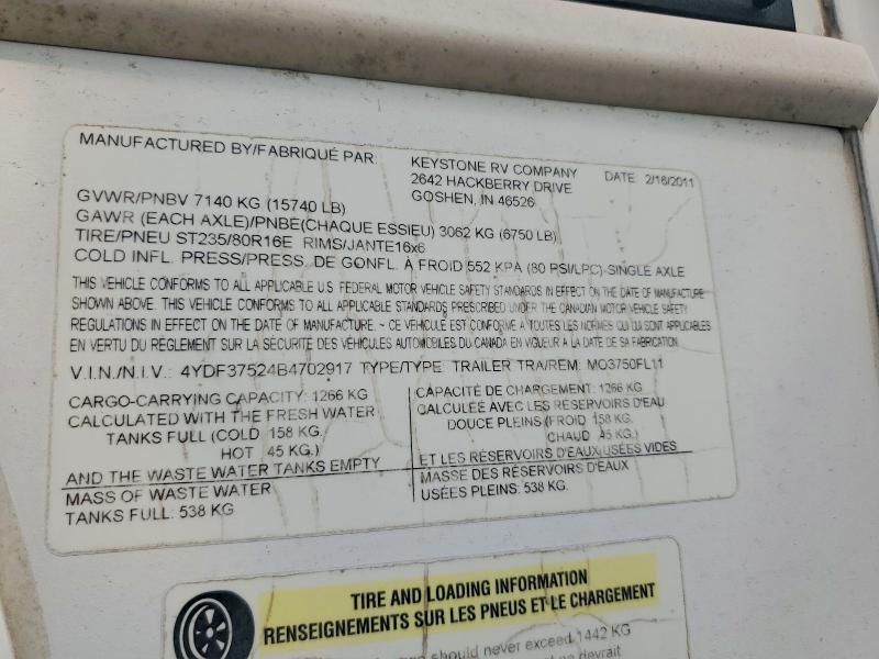 Продажа на аукционе авто 2011 Keystone Rv Trailers, vin: 4YDF37524B4702917, номер лота: 63393786