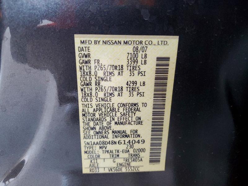 Auction sale of the 2008 Nissan Armada, vin: 5N1AA08D48N614049, lot number: 66320336