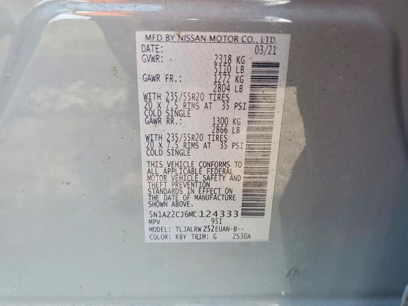 2021 Nissan Murano მანქანა იყიდება აუქციონზე, vin: 5N1AZ2CJ6MC124333, აუქციონის ნომერი: 63863996