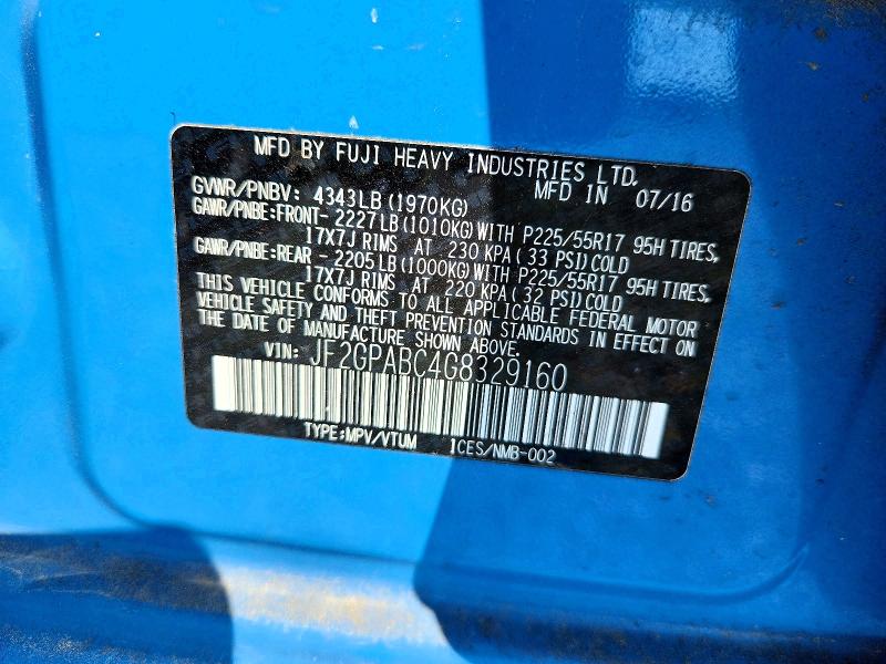 Aukcja sprzedaży 2016 Subaru Crosstrek, vin: JF2GPABC4G8329160, numer aukcji: 65945276