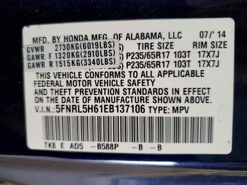 Aukcja sprzedaży 2014 Honda Odyssey, vin: 5FNRL5H61EB137106, numer aukcji: 63874506