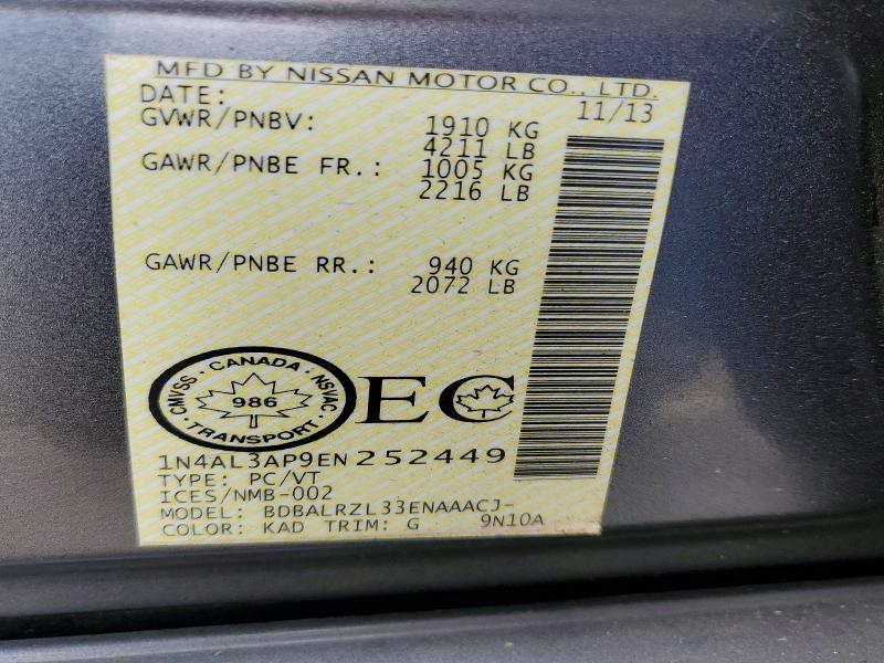 2014 Nissan Altima მანქანა იყიდება აუქციონზე, vin: 1N4AL3AP9EN252449, აუქციონის ნომერი: 66292246