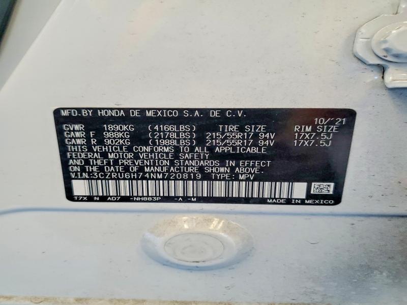 2022 Honda Hr-v მანქანა იყიდება აუქციონზე, vin: 3CZRU6H74NM720819, აუქციონის ნომერი: 63222546