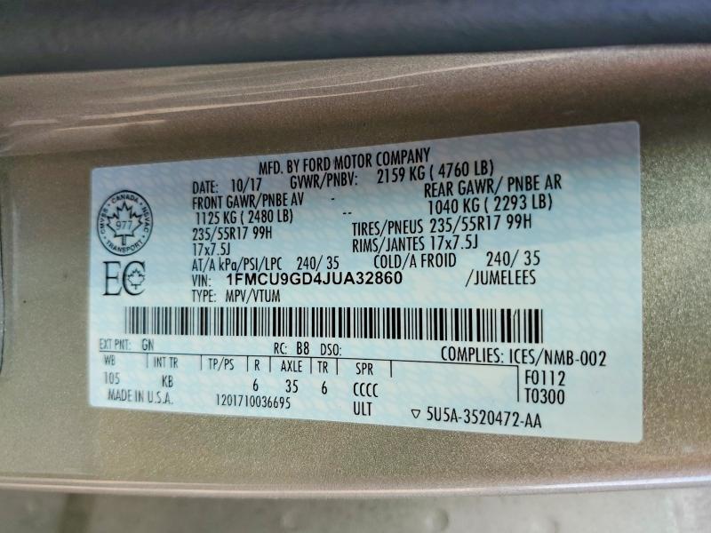 63748496 :رقم المزاد ، 1FMCU9GD4JUA32860 vin ، 2018 Ford Escape مزاد بيع
