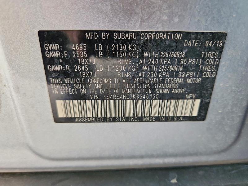 2019 Subaru Outback მანქანა იყიდება აუქციონზე, vin: 4S4BSANC7K3346135, აუქციონის ნომერი: 67029576