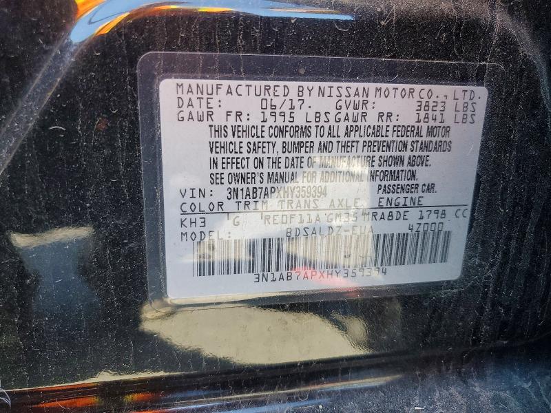 Auction sale of the 2017 Nissan Sentra, vin: 3N1AB7APXHY359394, lot number: 65393026
