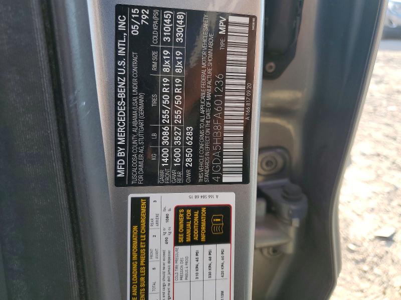 Auction sale of the 2015 Mercedes-benz Ml, vin: 4JGDA5HB8FA601236, lot number: 65707076