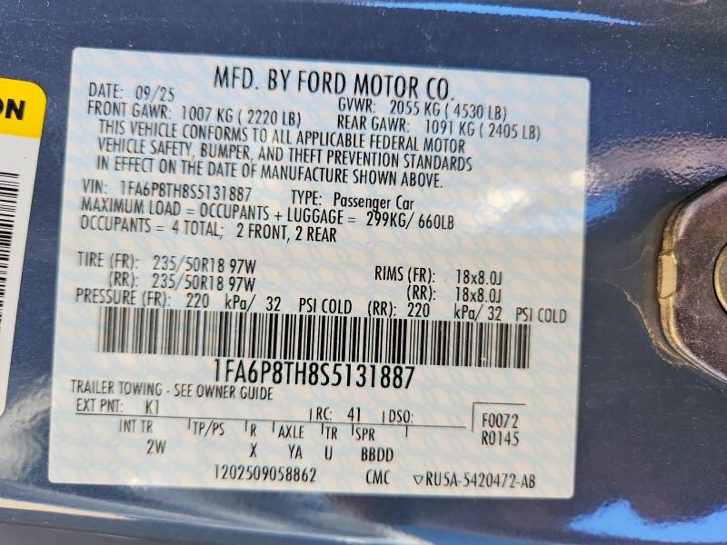 2025 Ford Mustang მანქანა იყიდება აუქციონზე, vin: 1FA6P8TH8S5131887, აუქციონის ნომერი: 65766116
