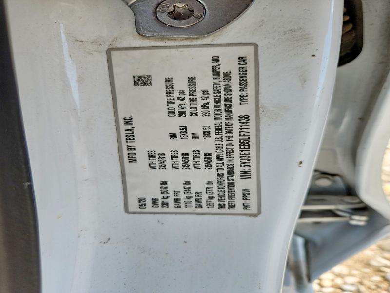2020 Tesla Model 3 მანქანა იყიდება აუქციონზე, vin: 5YJ3E1EB5LF711438, აუქციონის ნომერი: 65522436
