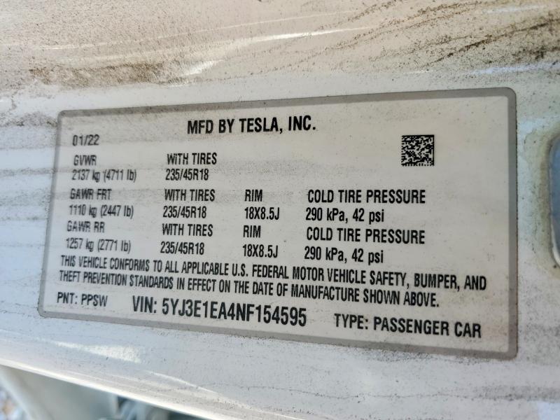 67093806 :رقم المزاد ، 5YJ3E1EA4NF154595 vin ، 2022 Tesla Mdl S Std مزاد بيع