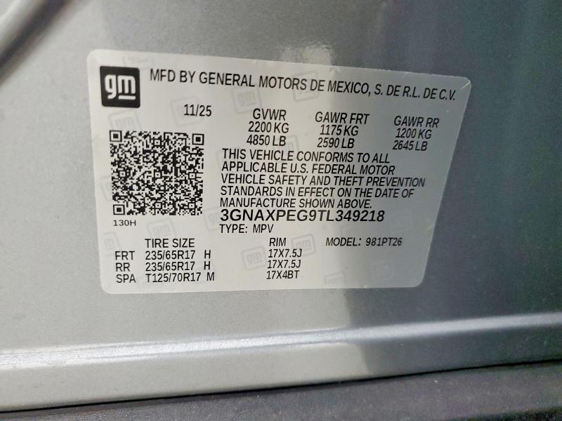 Aukcja sprzedaży 2026 Chevrolet Equinox, vin: 3GNAXPEG9TL349218, numer aukcji: 63903726