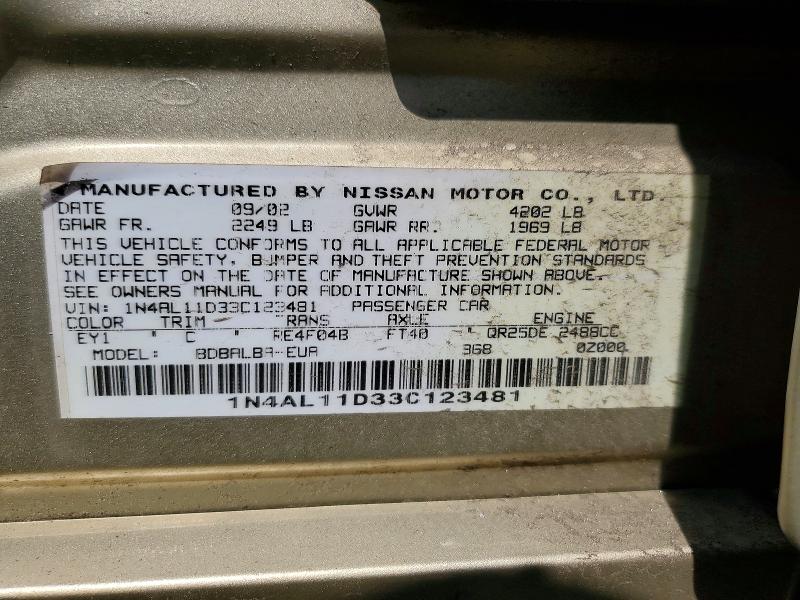 63119616 :رقم المزاد ، 1N4AL11D33C123481 vin ، 2003 Nissan Altima مزاد بيع