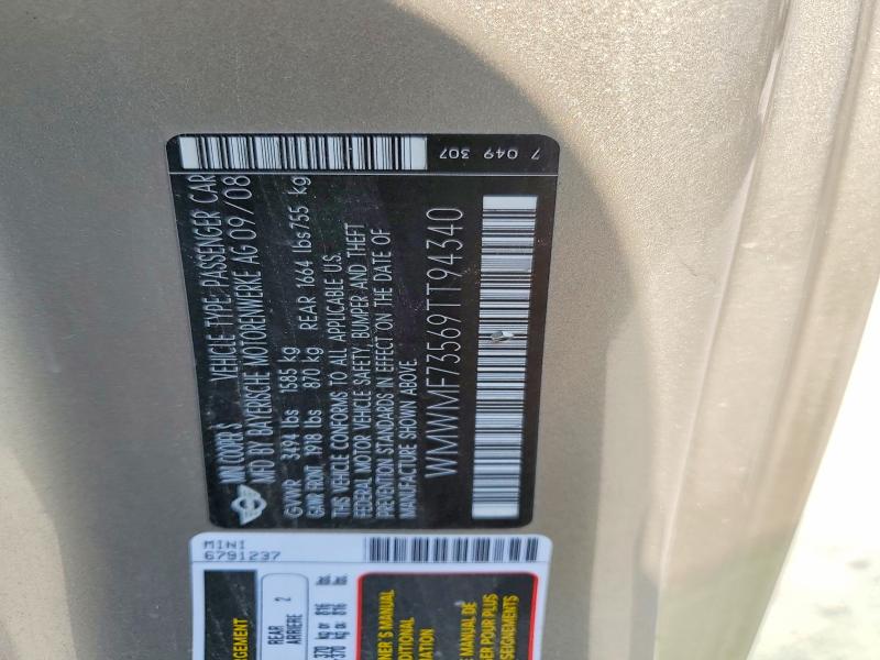 Продаж на аукціоні авто 2009 Mini Cooper, vin: WMWMF73569TT94340, номер лоту: 64022186