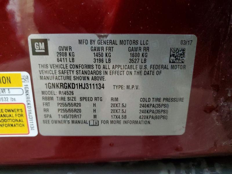 Продаж на аукціоні авто 2017 Chevrolet Traverse, vin: 1GNKRGKD1HJ311134, номер лоту: 64460996