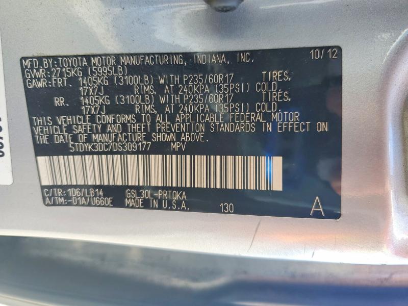 2013 Toyota Sienna მანქანა იყიდება აუქციონზე, vin: 5TDYK3DC7DS309177, აუქციონის ნომერი: 63607456