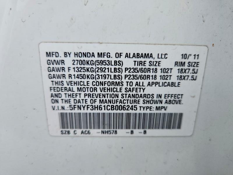 2012 Honda Pilot მანქანა იყიდება აუქციონზე, vin: 5FNYF3H61CB006245, აუქციონის ნომერი: 63873246