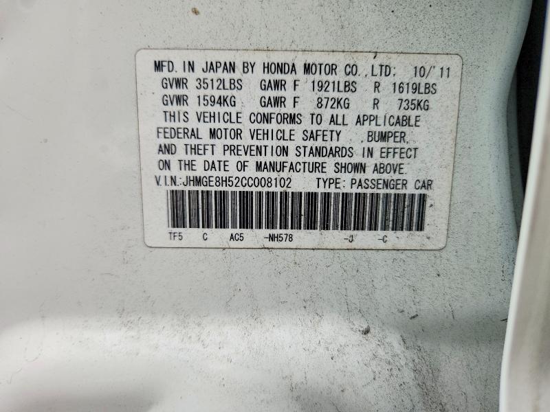 2012 Honda Fit მანქანა იყიდება აუქციონზე, vin: JHMGE8H52CC008102, აუქციონის ნომერი: 63777456