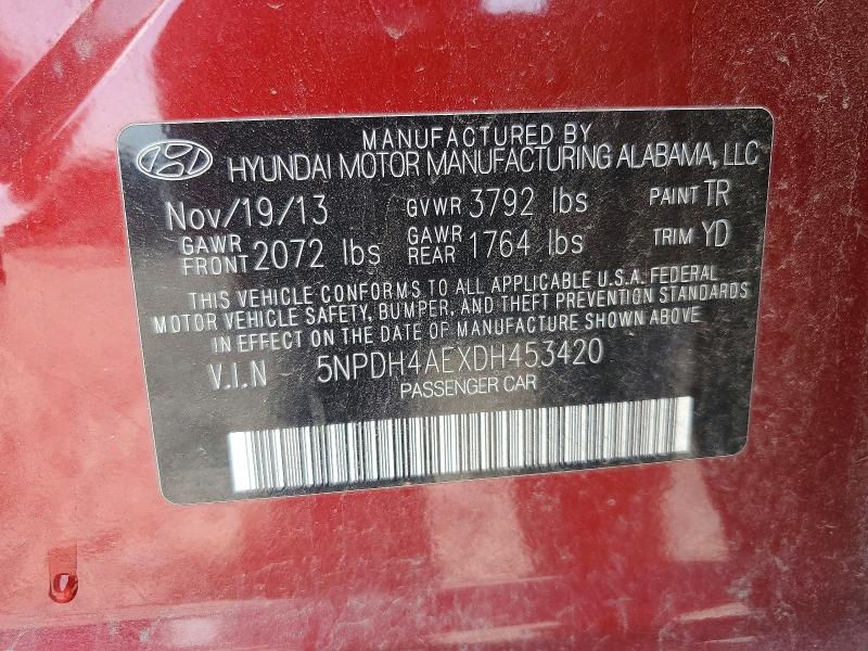 2013 Hyundai Elantra მანქანა იყიდება აუქციონზე, vin: 5NPDH4AEXDH453420, აუქციონის ნომერი: 66118986