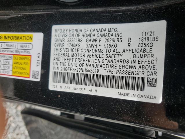 62789956 :رقم المزاد ، 2HGFE2F20NH552019 vin ، 2022 Honda Civic مزاد بيع