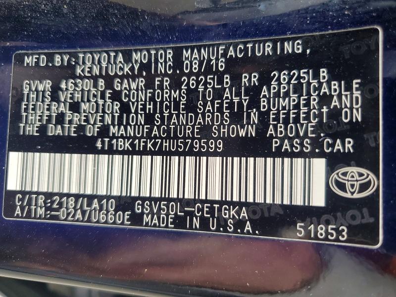 Продажа на аукционе авто 2017 Toyota Camry, vin: 4T1BK1FK7HU579599, номер лота: 66971526
