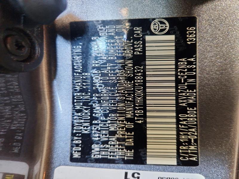 2019 Toyota Camry მანქანა იყიდება აუქციონზე, vin: 4T1B11HK0KU188432, აუქციონის ნომერი: 63667266