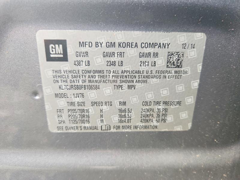 Aukcja sprzedaży 2015 Chevrolet Trax, vin: KL7CJRSB0FB106584, numer aukcji: 66116596