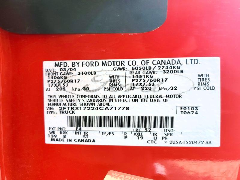 2004 Ford F-150 Heritage მანქანა იყიდება აუქციონზე, vin: 2FTRX17224CA71778, აუქციონის ნომერი: 64905256