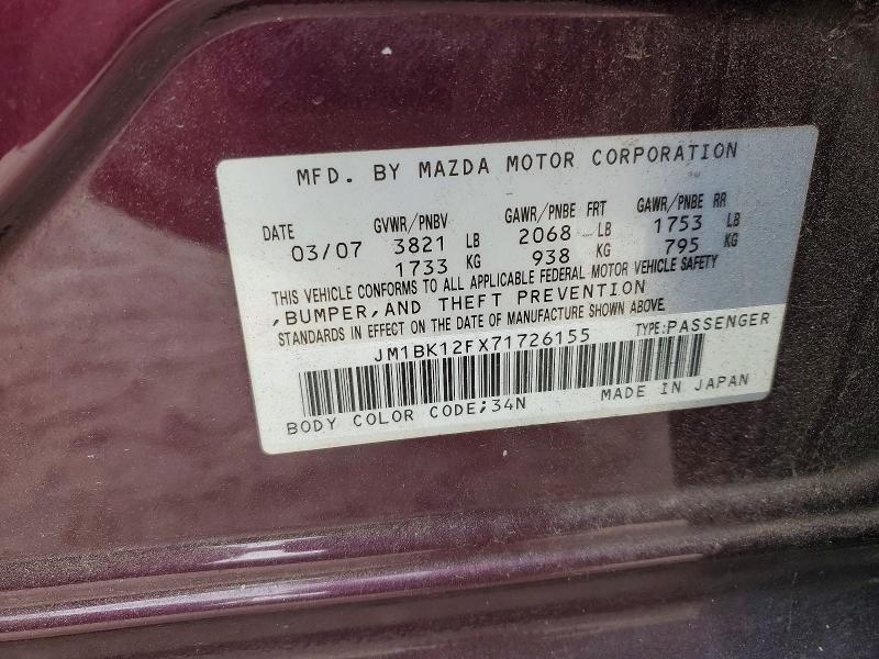 Aukcja sprzedaży 2007 Mazda 3, vin: JM1BK12FX71726155, numer aukcji: 65862536