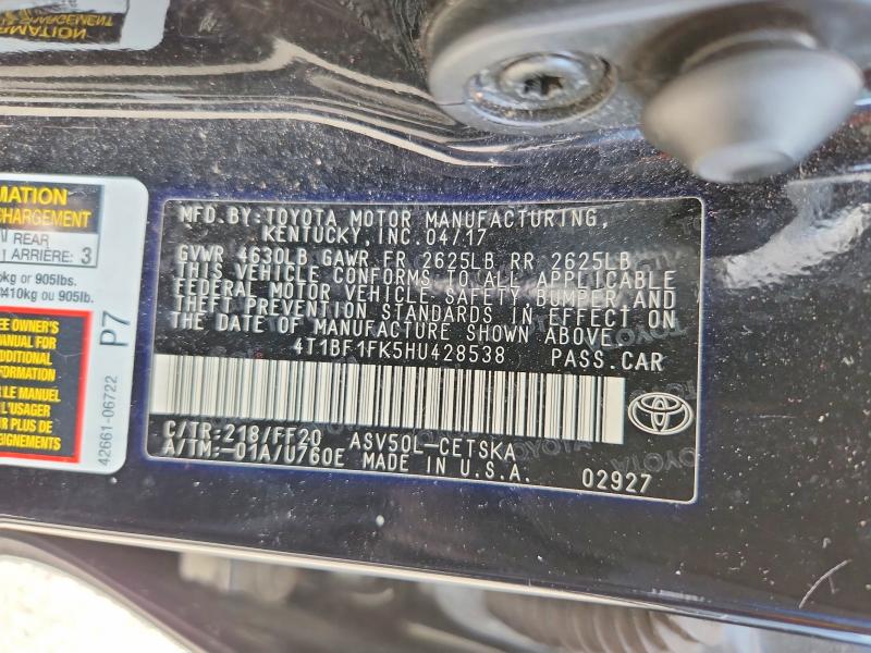 Aukcja sprzedaży 2017 Toyota Camry, vin: 4T1BF1FK5HU428538, numer aukcji: 66039656