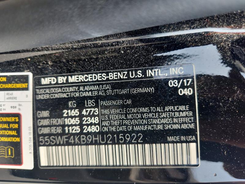 Aukcja sprzedaży 2017 Mercedes-benz C, vin: 55SWF4KB9HU215922, numer aukcji: 65104236