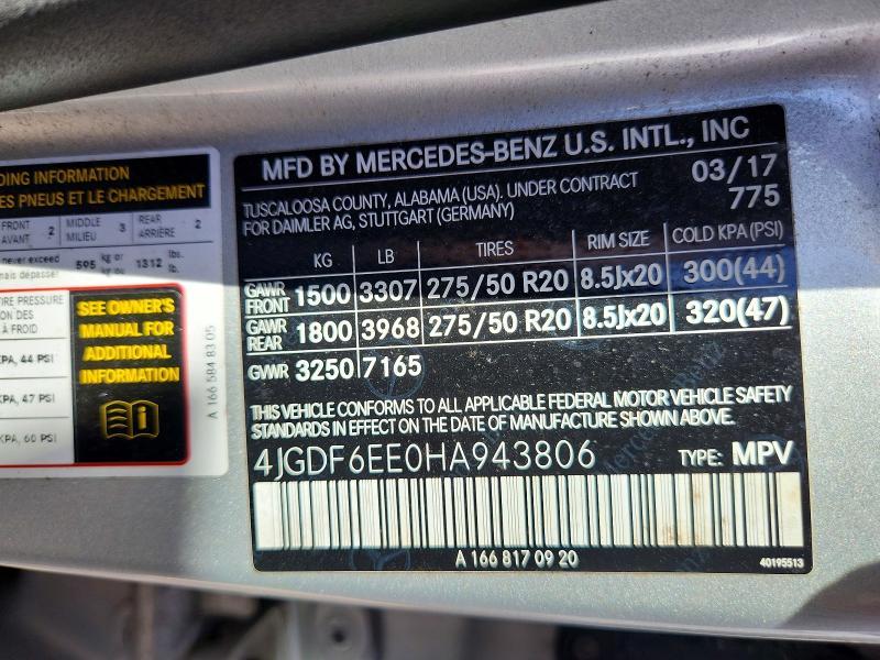 64070436 :رقم المزاد ، 4JGDF6EE0HA943806 vin ، 2017 Mercedes-benz Gls مزاد بيع