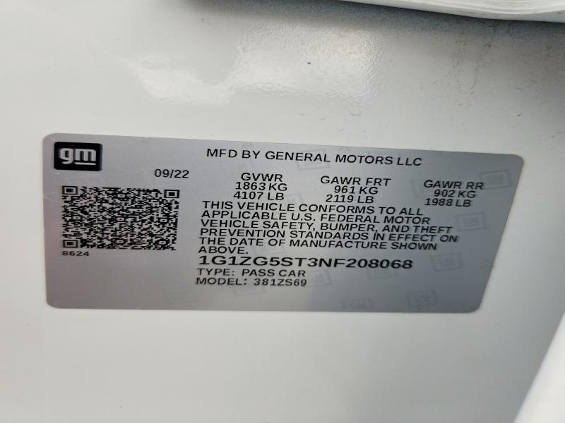Aukcja sprzedaży 2022 Chevrolet Malibu, vin: 1G1ZG5ST3NF208068, numer aukcji: 66228776