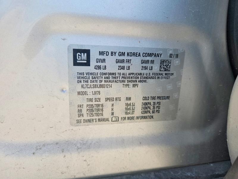 65709156 :رقم المزاد ، KL7CJLSBXJB651214 vin ، 2018 Chevrolet Trax مزاد بيع