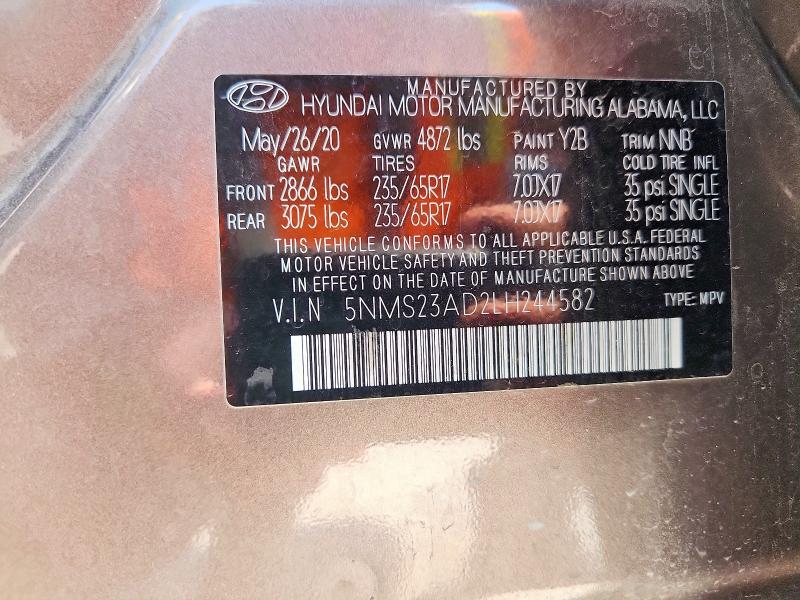 2020 Hyundai Santa Fe მანქანა იყიდება აუქციონზე, vin: 5NMS23AD2LH244582, აუქციონის ნომერი: 62974796
