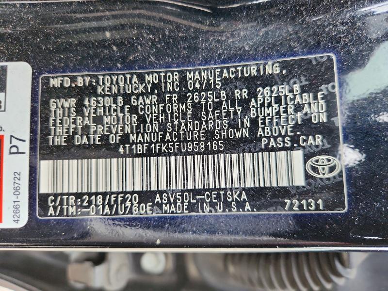 2015 Toyota Camry მანქანა იყიდება აუქციონზე, vin: 4T1BF1FK5FU958165, აუქციონის ნომერი: 64117916