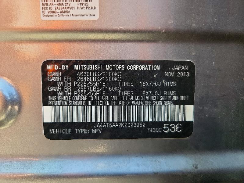 Продаж на аукціоні авто 2019 Mitsubishi Eclipse Cross, vin: JA4AT5AA2KZ023952, номер лоту: 66182246