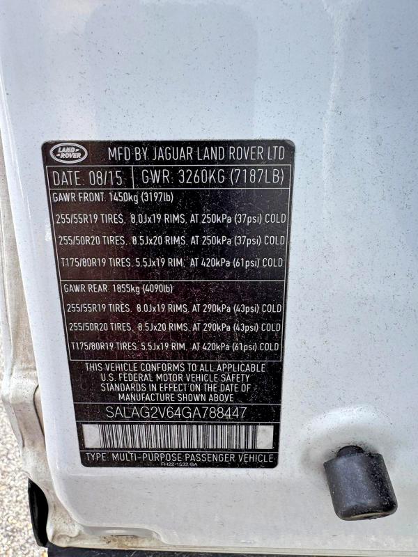 Aukcja sprzedaży 2016 Land Rover Lr4, vin: SALAG2V64GA788447, numer aukcji: 63798556