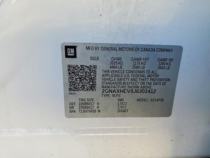 64939476 :رقم المزاد ، 2GNAXHEV9J6303412 vin ، 2018 Chevrolet Equinox مزاد بيع