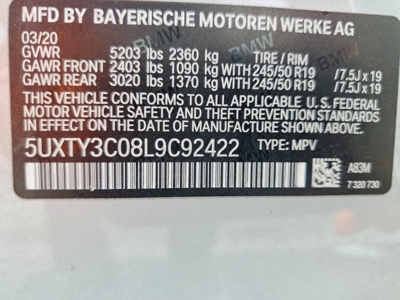 66499836 :رقم المزاد ، 5UXTY3C08L9C92422 vin ، 2020 Bmw X3 مزاد بيع