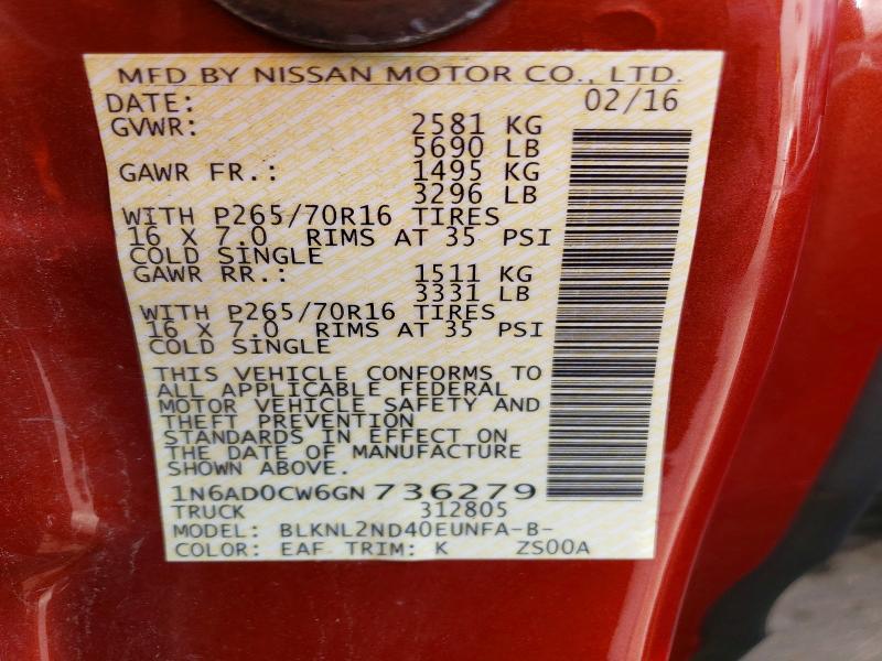 64458196 :رقم المزاد ، 1N6AD0CW6GN736279 vin ، 2016 Nissan Frontier مزاد بيع