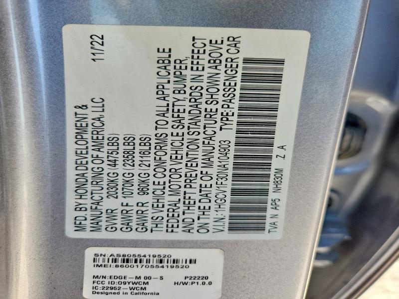 63309036 :رقم المزاد ، 1HGCV1F30NA104903 vin ، 2022 Honda Accord مزاد بيع