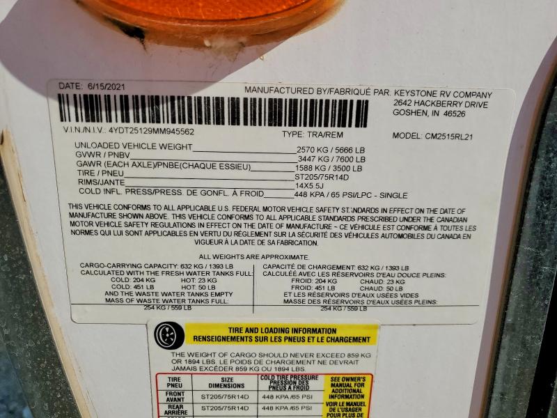 Продаж на аукціоні авто 2021 Keystone Coleman, vin: 4YDT25129MM945562, номер лоту: 64505746