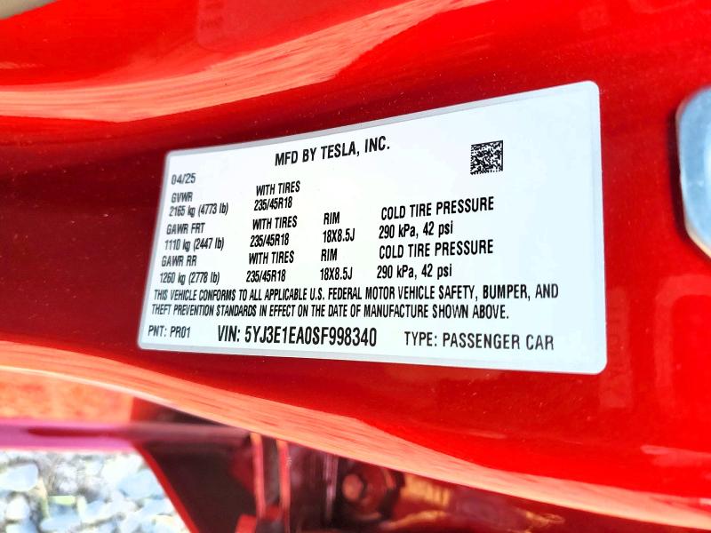2025 Tesla Model 3 მანქანა იყიდება აუქციონზე, vin: 5YJ3E1EA0SF998340, აუქციონის ნომერი: 63563696
