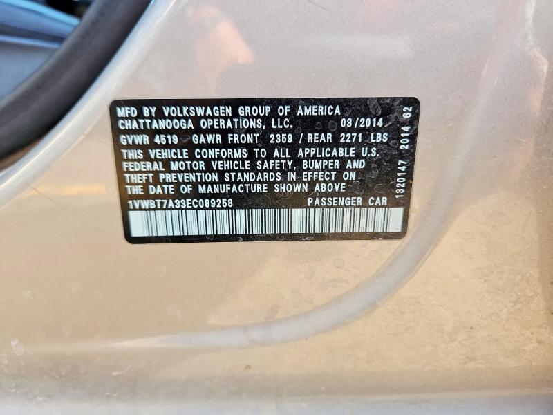 2014 Volkswagen Passat მანქანა იყიდება აუქციონზე, vin: 1VWBT7A33EC089258, აუქციონის ნომერი: 64635156