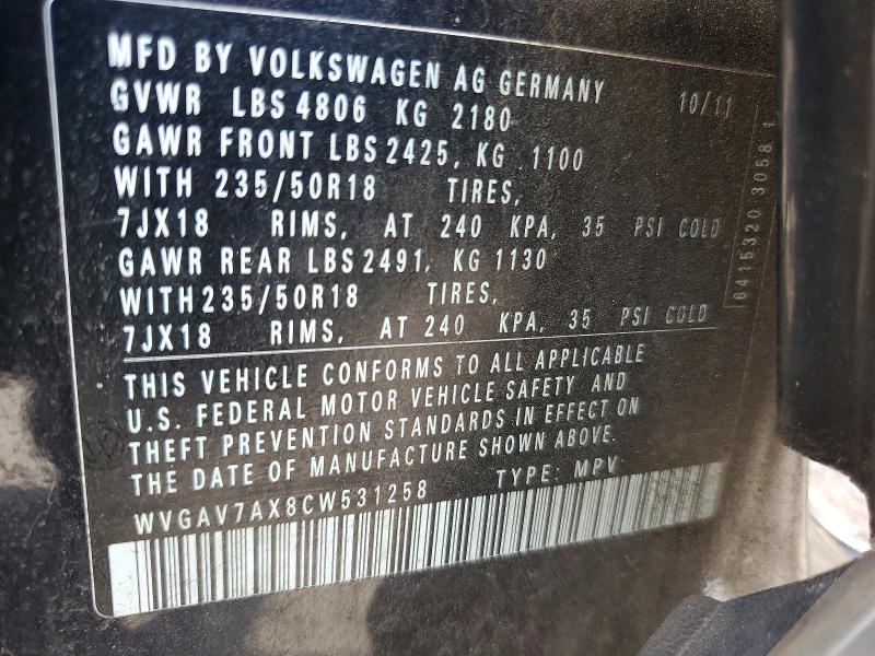 Продажа на аукционе авто 2012 Volkswagen Tiguan, vin: WVGAV7AX8CW531258, номер лота: 66316236