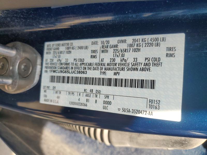 2020 Ford Escape მანქანა იყიდება აუქციონზე, vin: 1FMCU9G65LUC38063, აუქციონის ნომერი: 66515836
